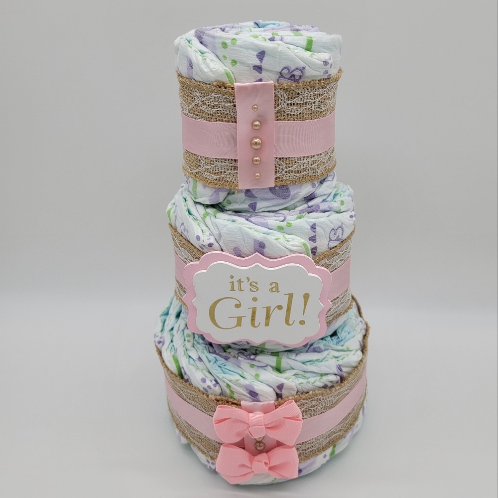 "It's A Girl" burlap and pink diaper cake
